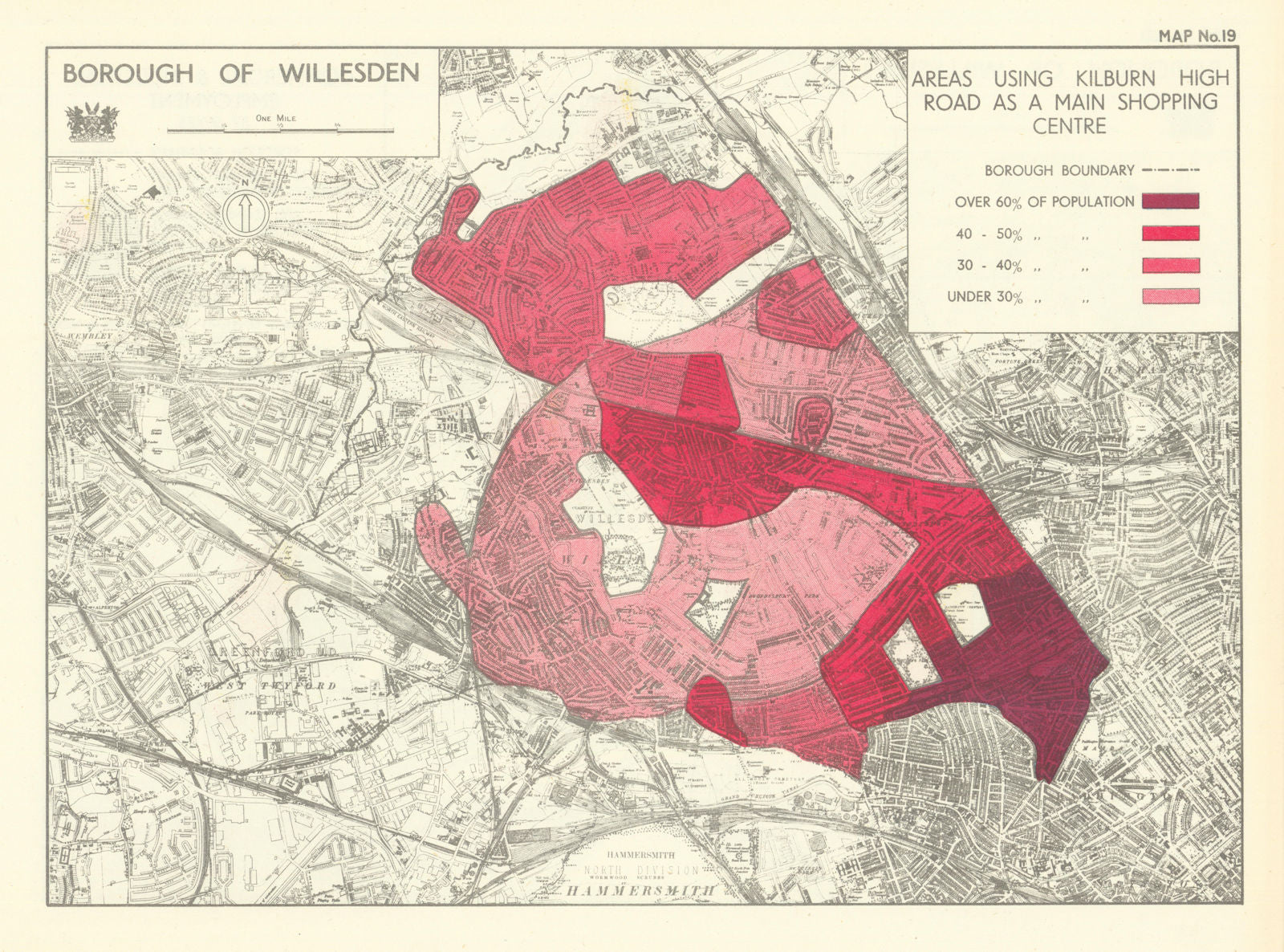 Willesden Borough Areas using Kilburn High Road as main shopping centre 1950 map
